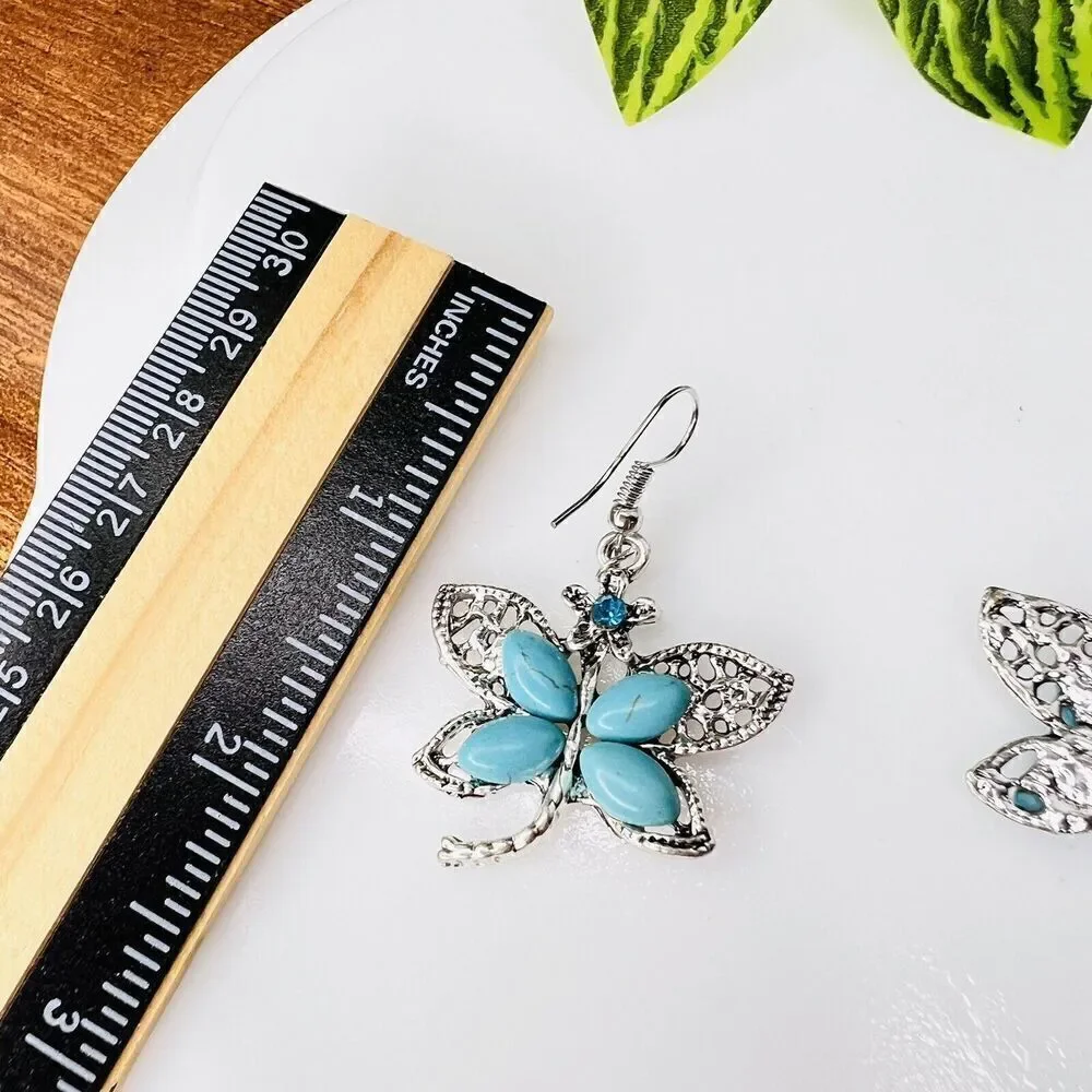 Dragonfly Teal Blue Faux Turquoise Rhinestone Silver Tone Dangle Drop Earrings